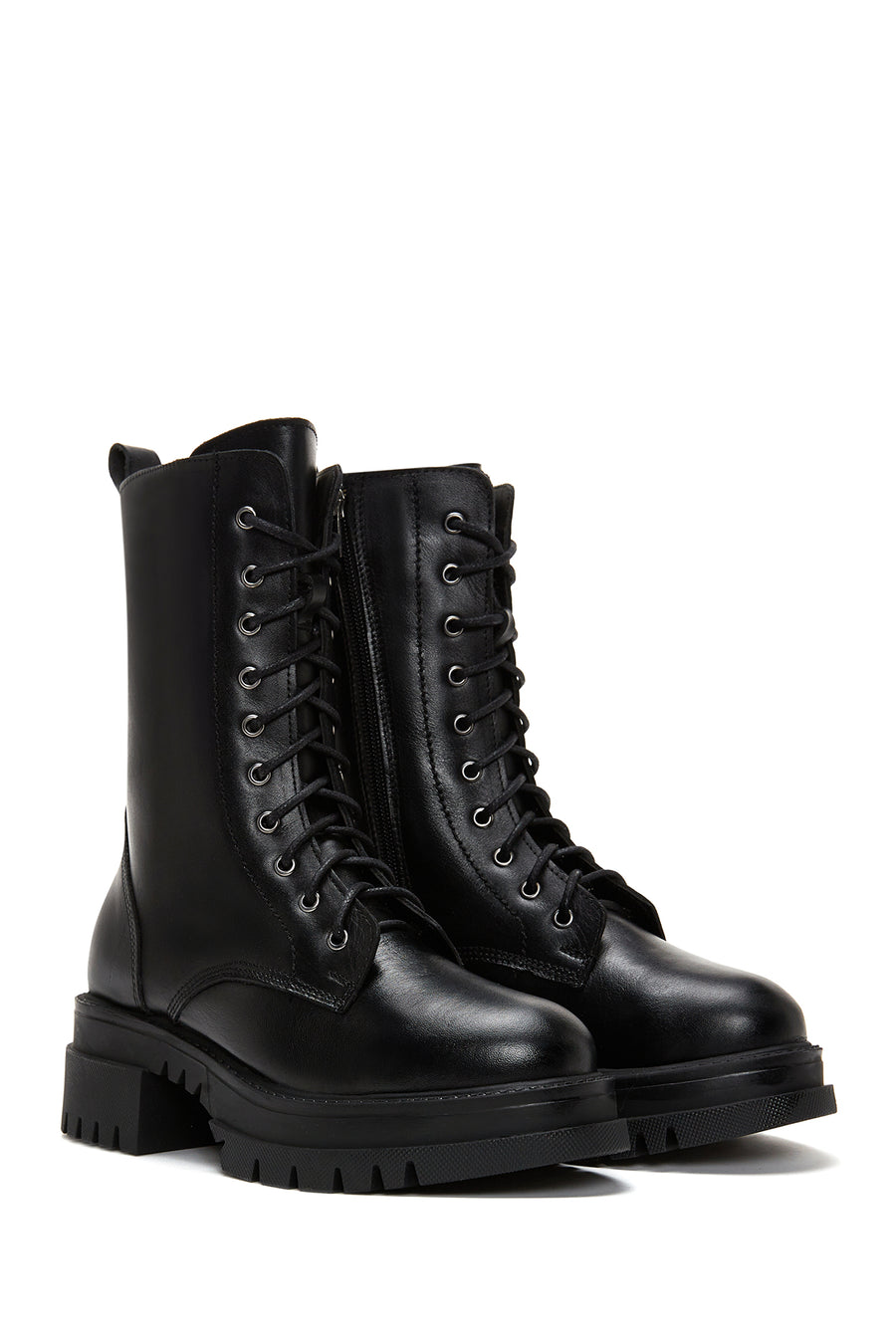 Women's Black Leather Thick Soled Boots Flat Boots