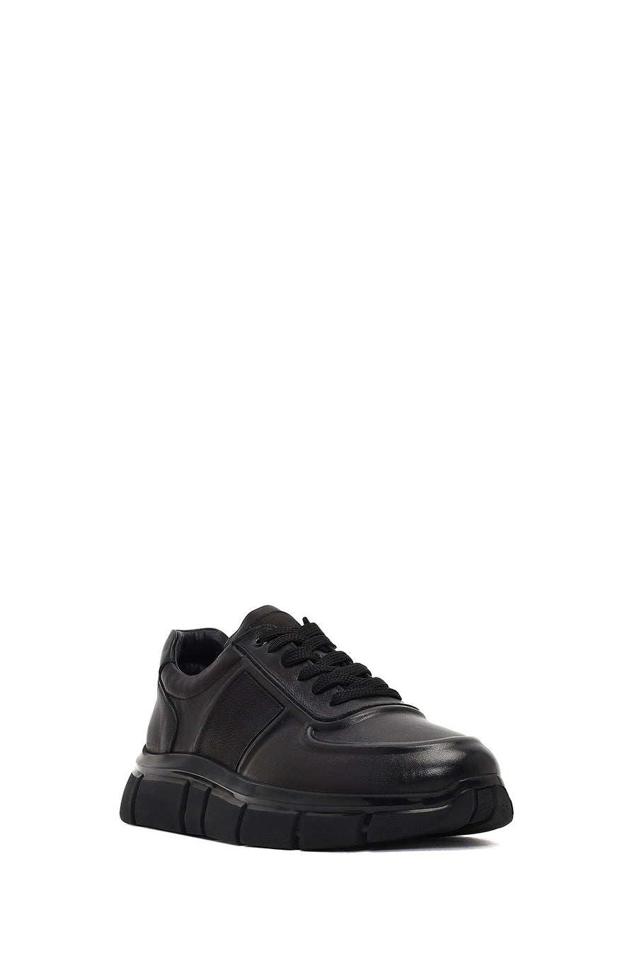 Erkek Siyah Bağcıklı Kalın Tabanlı Deri Sneaker