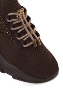 Derimod Zero Woman Brown Lace-Up Fabric Sneaker with Stone Details | Derimod