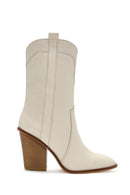 Women's Beige Thick Heeled Leather Cowboy Boots | Derimod