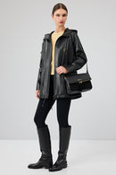 Cindy Women's Black Hooded Leather Coat | Derimod