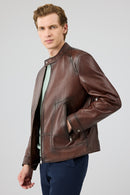 King Men's Brown Stand Collar Leather Jacket | Derimod