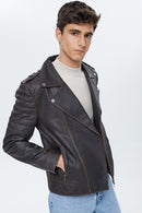 Speedy Men's Black Leather Slim-Fit Biker Jacket | Derimod