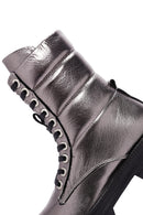 Women's Grey Zippered Metallic Leather Combat Boots | Derimod