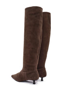 Women's Brown Thin Low Heel Suede Leather Boots | Derimod