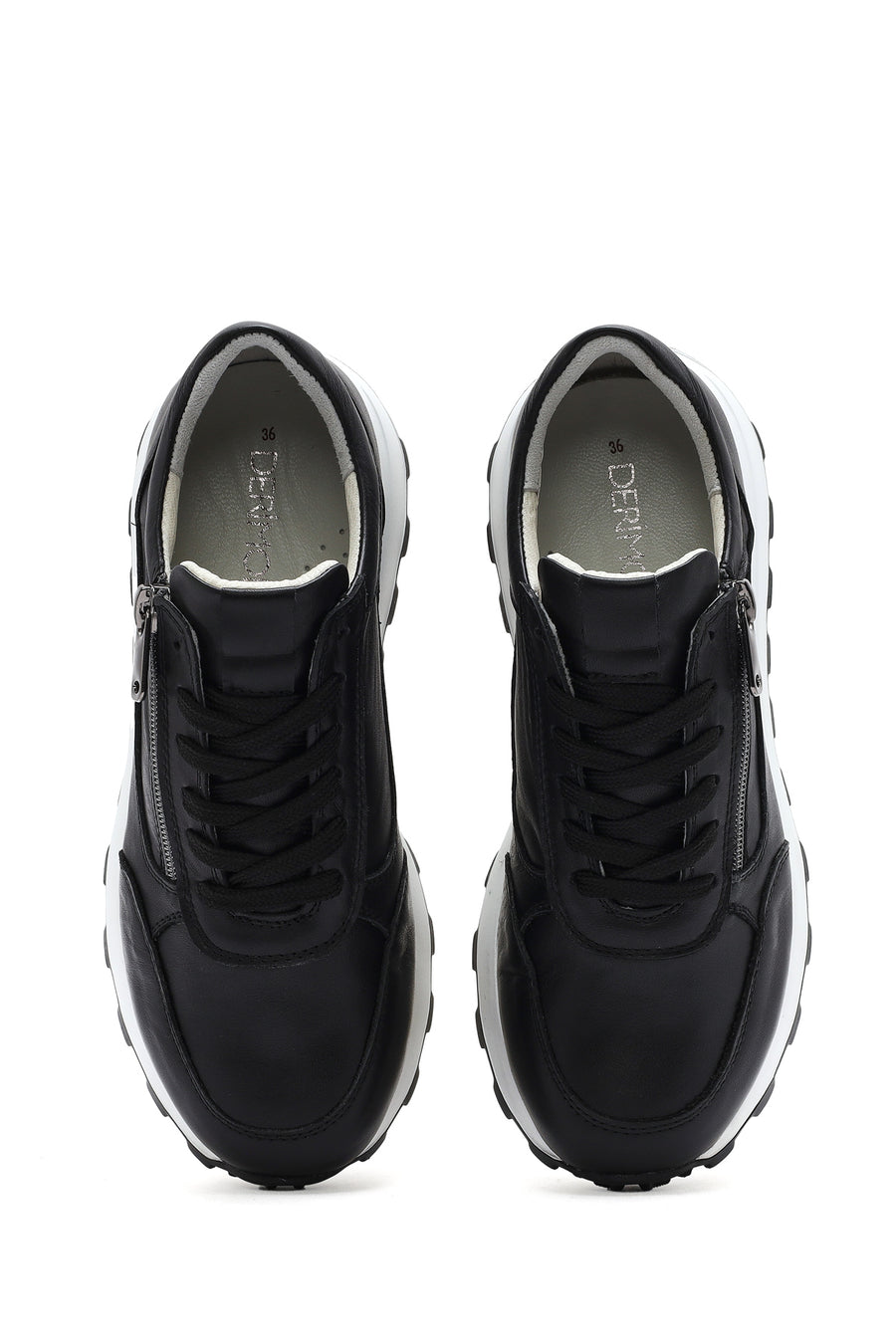 Kadın Siyah Bağcıklı Yandan Fermuarlı Deri Sneaker