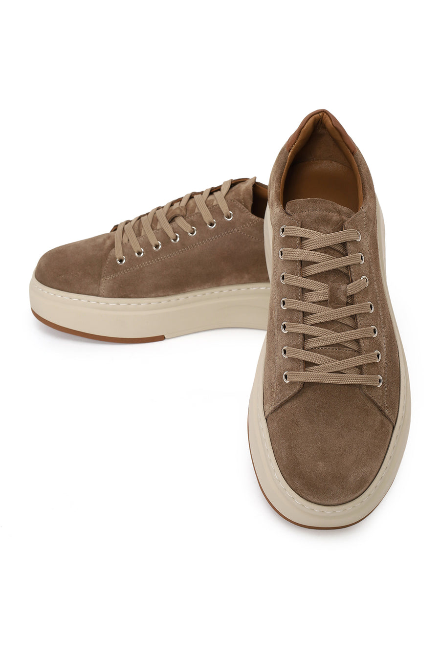 Erkek Bej Bağcıklı Kalın Tabanlı Süet Deri Sneaker
