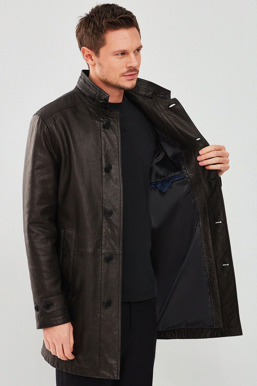 Ederson Men's Black Long Leather Trench Coat