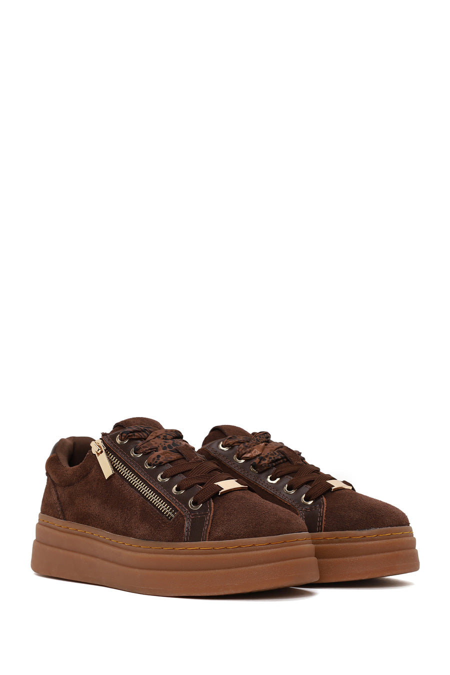 Woman Brown Lace-Up Thick-Soled Suede Leather Sneaker