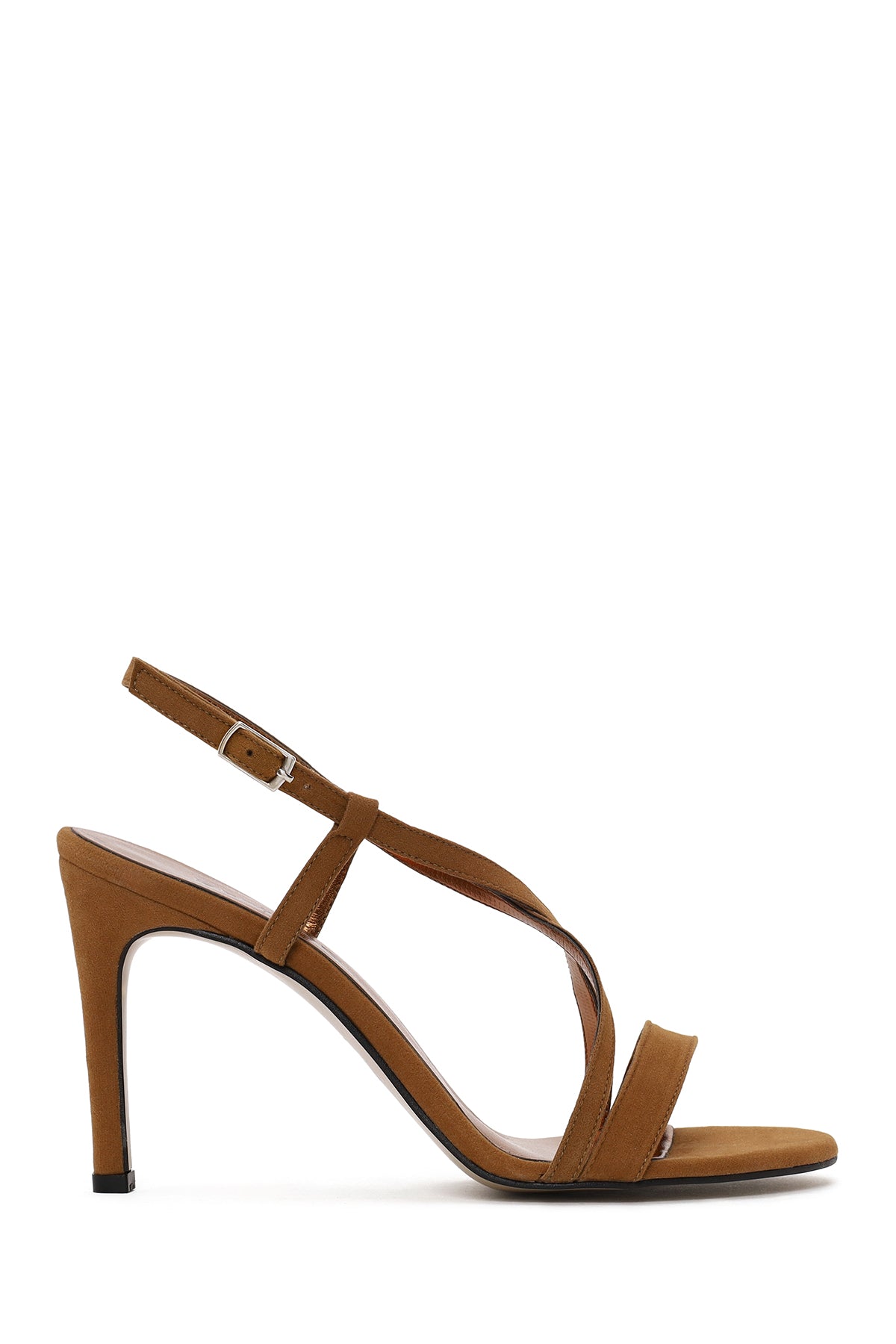 Woman Tan Ankle-Buckle High Thin-Heel Suede Sandal 26SFE391010 | Derimod