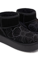 Woman Black Patterned Chunky Sole Suede Teddy Boots | Derimod