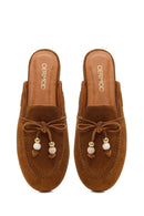 Women's Tan Tassel Suede Leather Slippers | Derimod