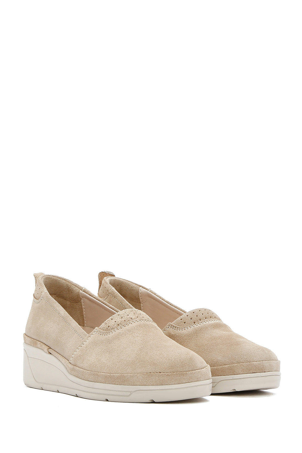 Kadın Bej Dolgu Topuklu Süet Deri Comfort Loafer