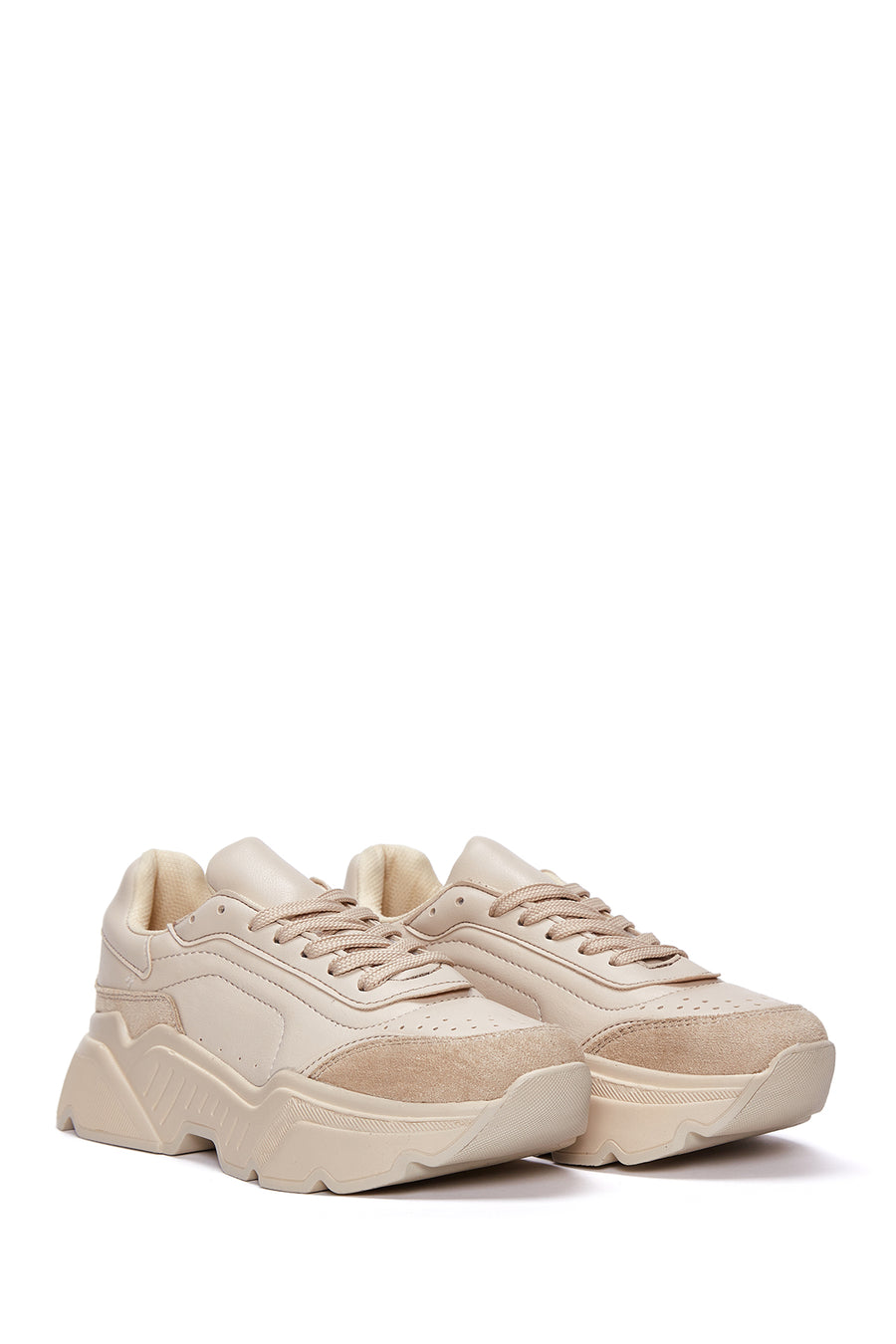 Kadın Bej Kalın Tabanlı Bağcıklı Sneaker