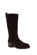 Woman Brown Short Thick-Heeled Suede Boots | Derimod