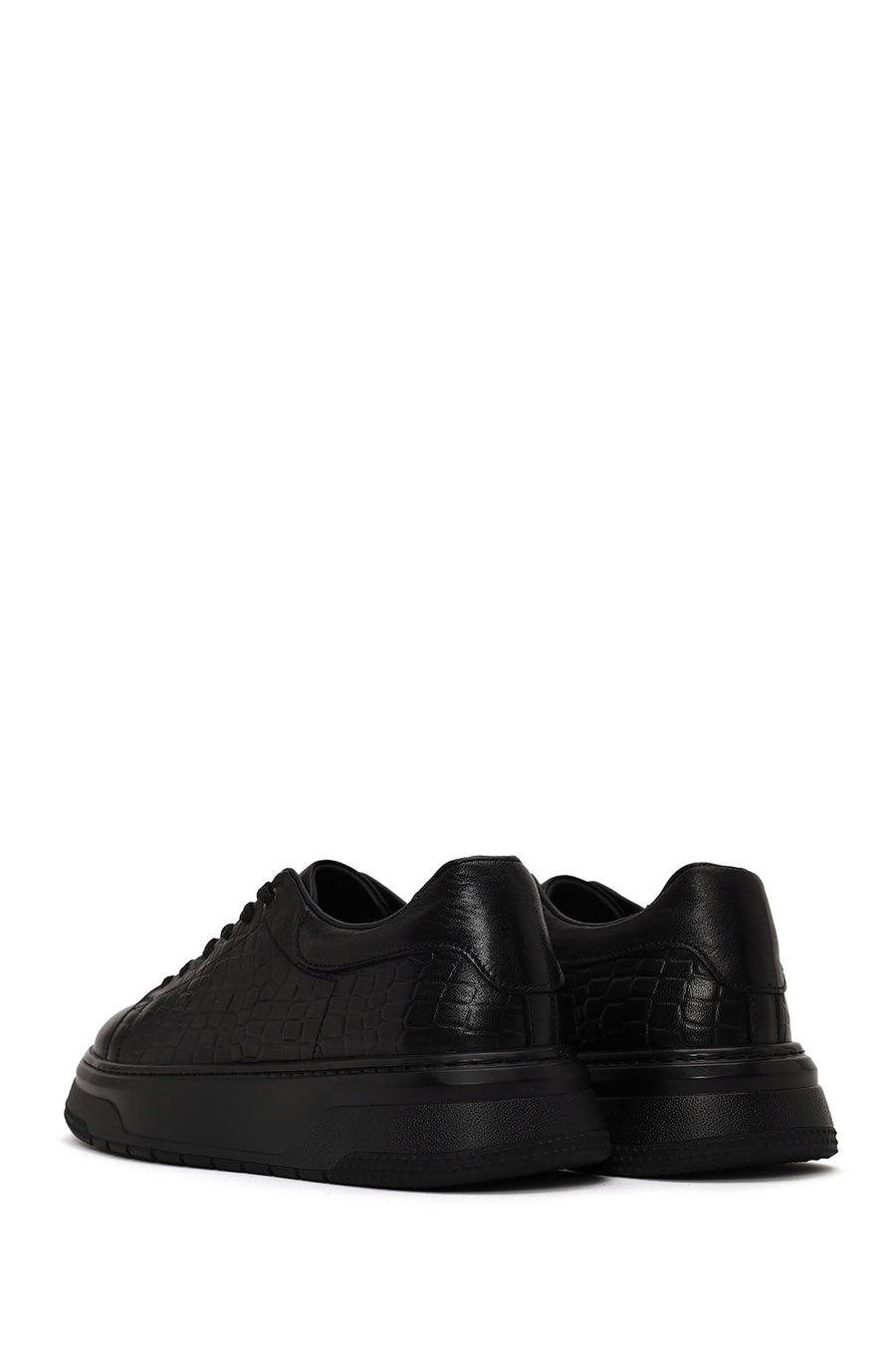 Erkek Siyah Bağcıklı Kalın Tabanlı Kroko Desenli Deri Sneaker