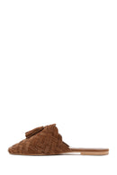 Women's Tan Suede Leather Knitted Flat Slippers | Derimod