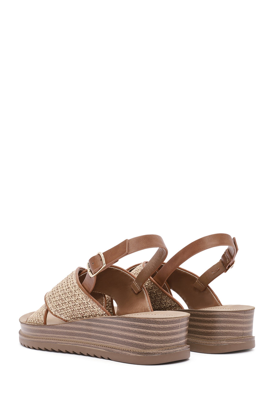 Women's Beige Back Buckle Thick Soled Straw Sandals