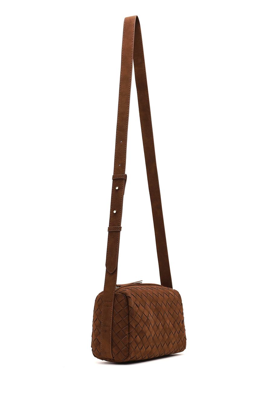Woman Brown Long-Strap Woven Suede Crossbody Bag
