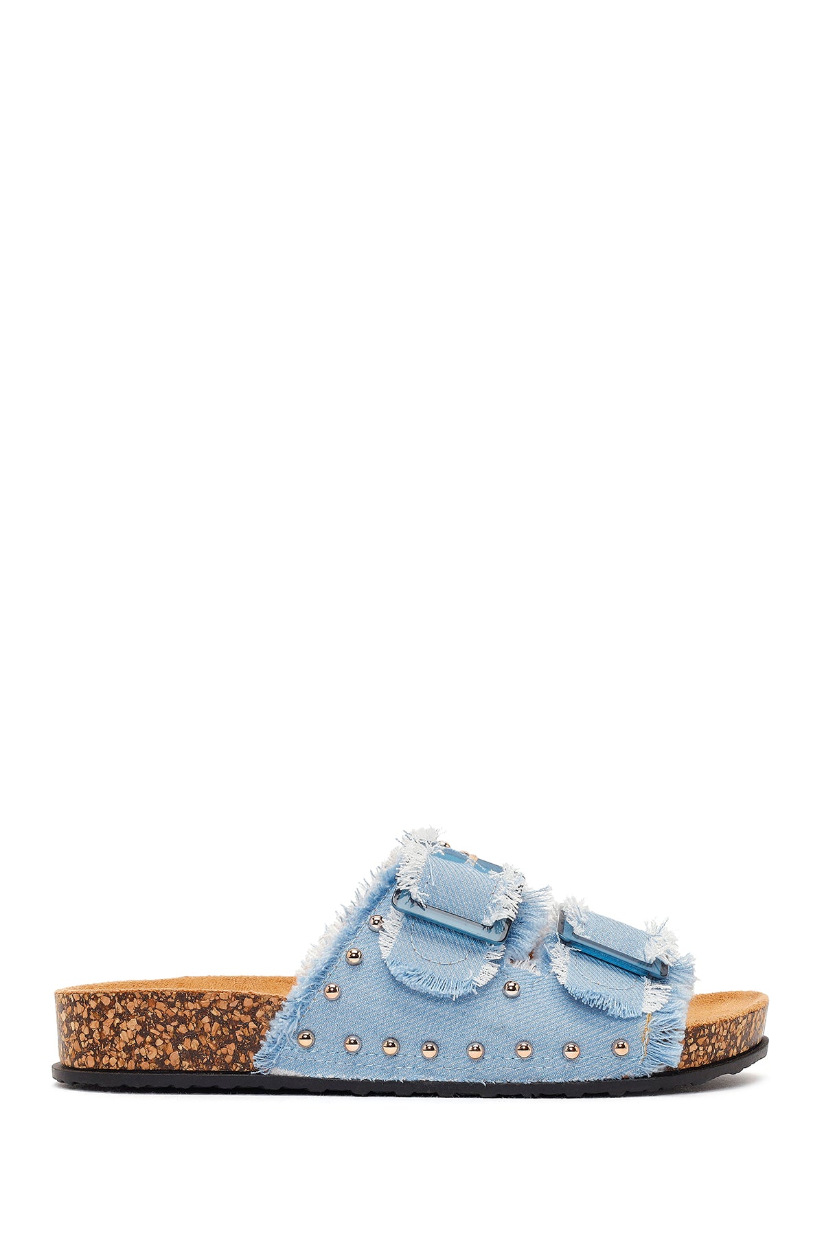 Women's Blue Double Buckle Studded Fabric Slippers 26SFE40066F | Derimod