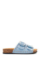 Women's Blue Double Buckle Studded Fabric Slippers | Derimod