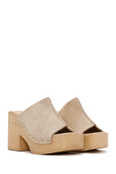 Women's Beige Thick Heeled Suede Leather Slippers | Derimod