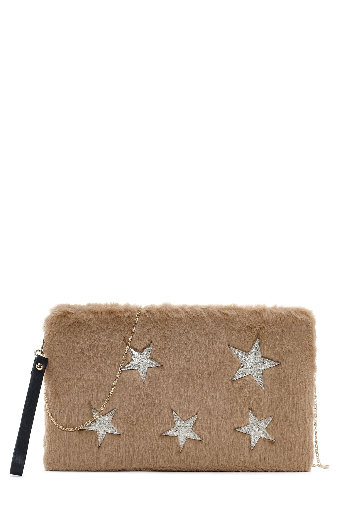 Women's Beige Long Chain Strap Star Pattern Plush Clutch Bag 23WBD2212PH | Derimod