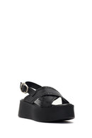 Women's Black Ankle Buckle Platform Wedge Leather Sandals | Derimod