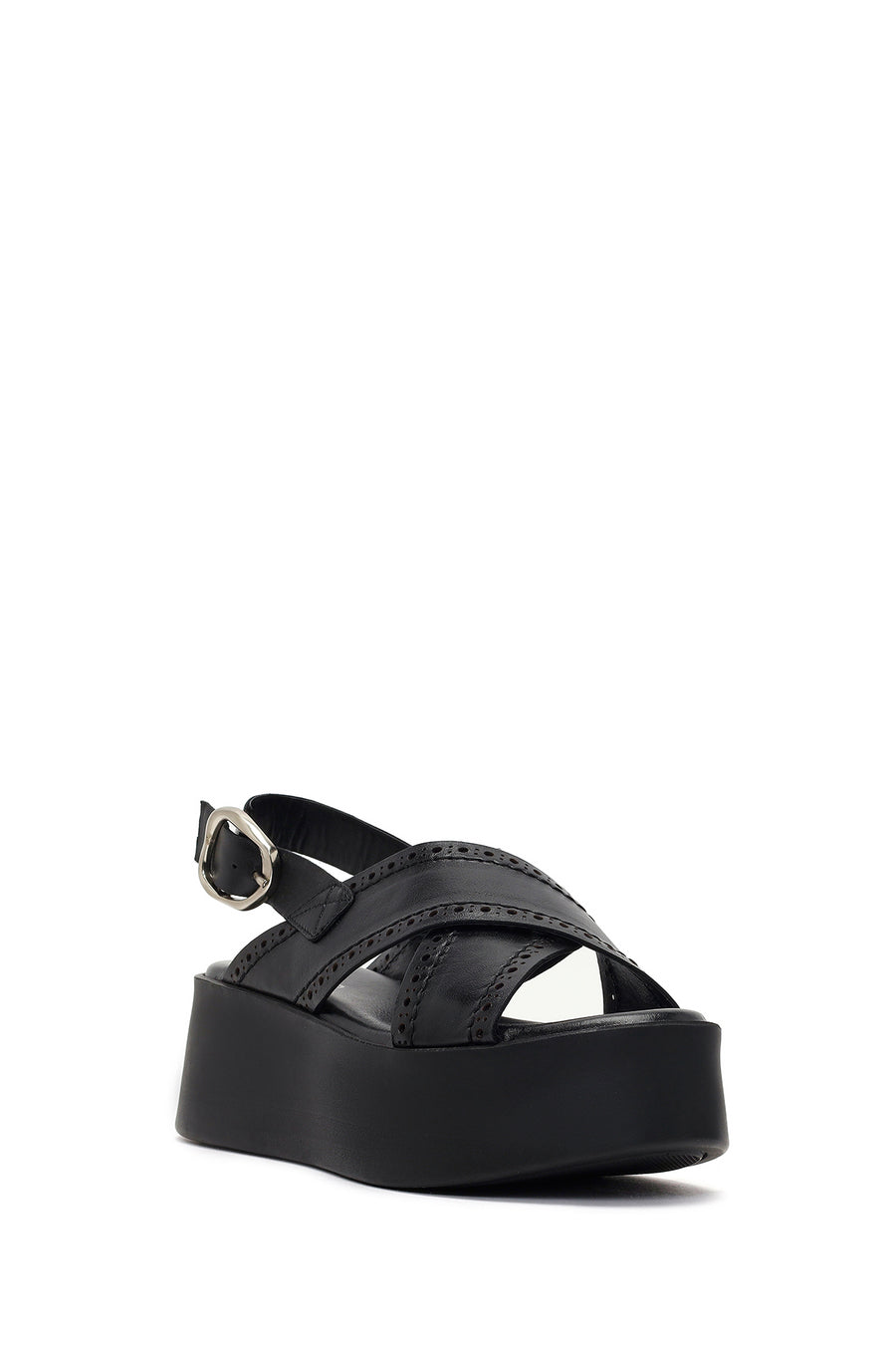 Women's Black Ankle Buckle Platform Wedge Leather Sandals