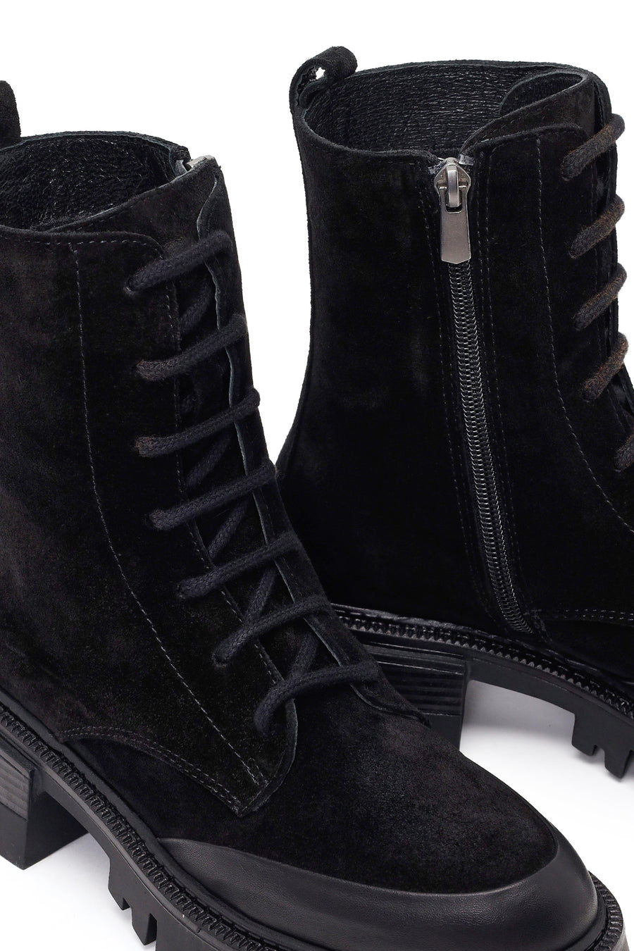 Woman Black Zip Closure Chunky-Heeled Suede Combat Boots