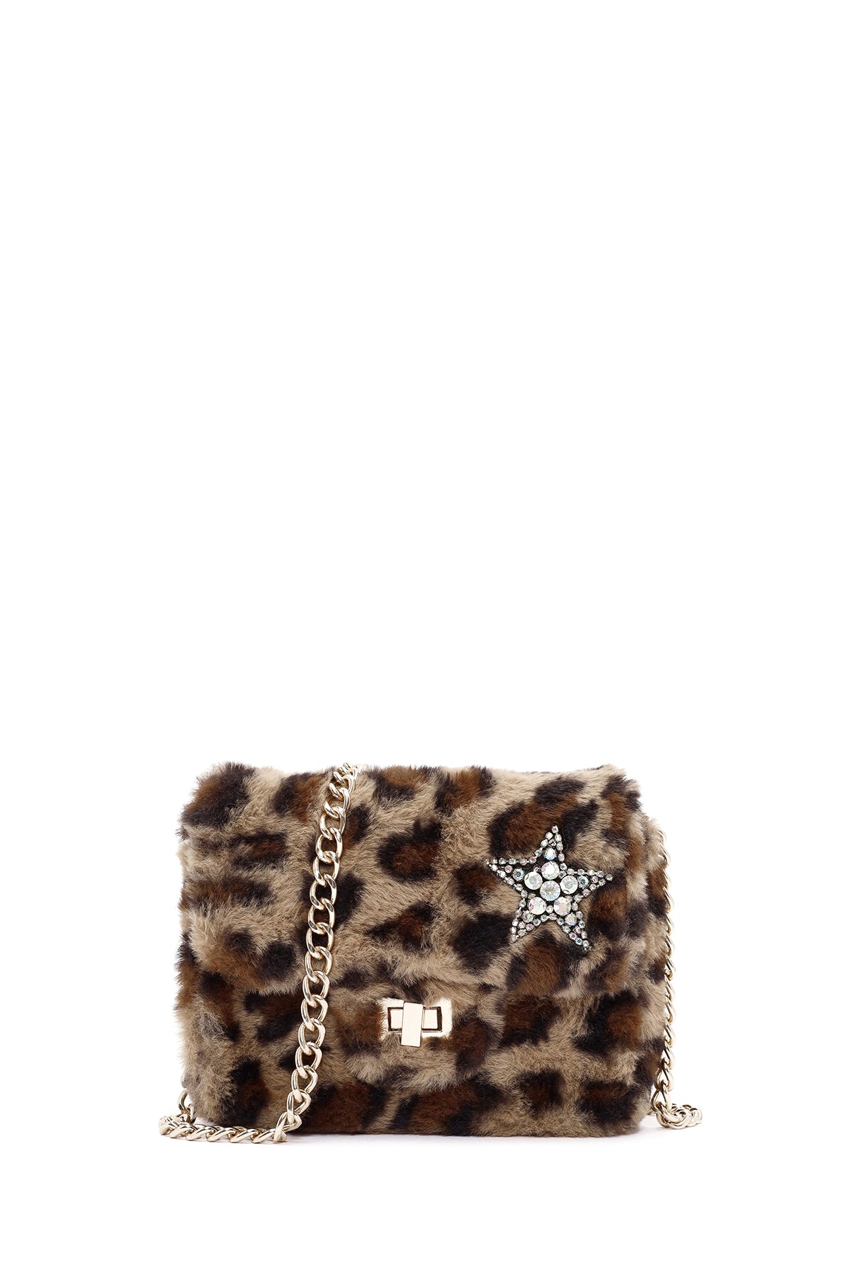 Women's Brown Leopard Pattern Long Chain Strap Plush Shoulder Bag 24WBD2719PH | Derimod