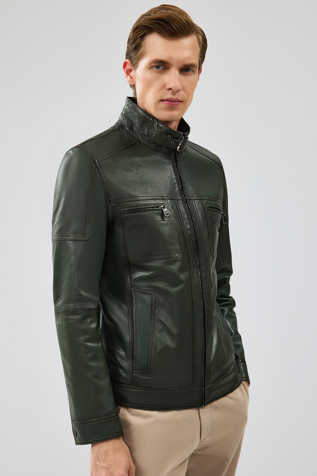 Wade Erkek Haki Slim-Fit Deri Mont