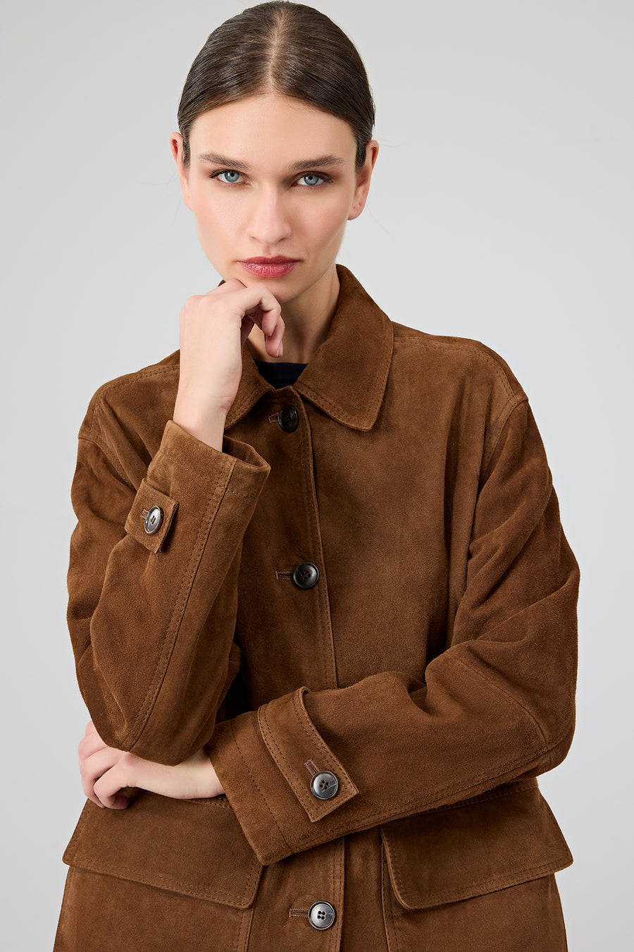Petra Women's Brown Shirt Collar Oversize Suede Leather Jacket