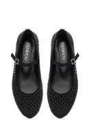 Women's Black Stone Leather Ballet Flats | Derimod