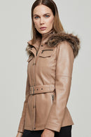 Lavinia Women's Beige Hooded Fur Leather Coat | Derimod