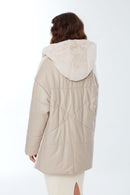 Chamonix Women's Beige Hooded Puffer Plush Leather Coat | Derimod