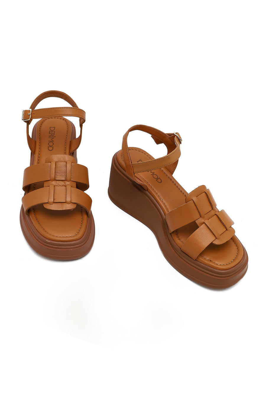 Women's Tan Ankle Buckle Wedge Heel Leather Sandals