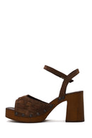 Woman Tan Ankle-Buckle Chunky-Heel Suede Sandal | Derimod
