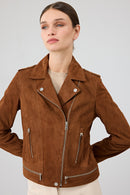 Layla Women's Brown Biker Suede Leather Jacket | Derimod