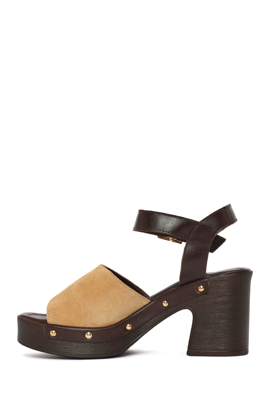 Woman Beige Ankle-Strap Buckled Thick-Heeled Suede Leather Sandals