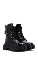 Women's Black Thick Soled Zippered Patent Leather Boots | Derimod