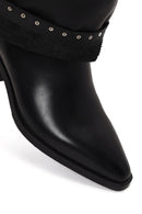 Woman Black Studded Chunky-Heeled Leather Cowboy Boots | Derimod