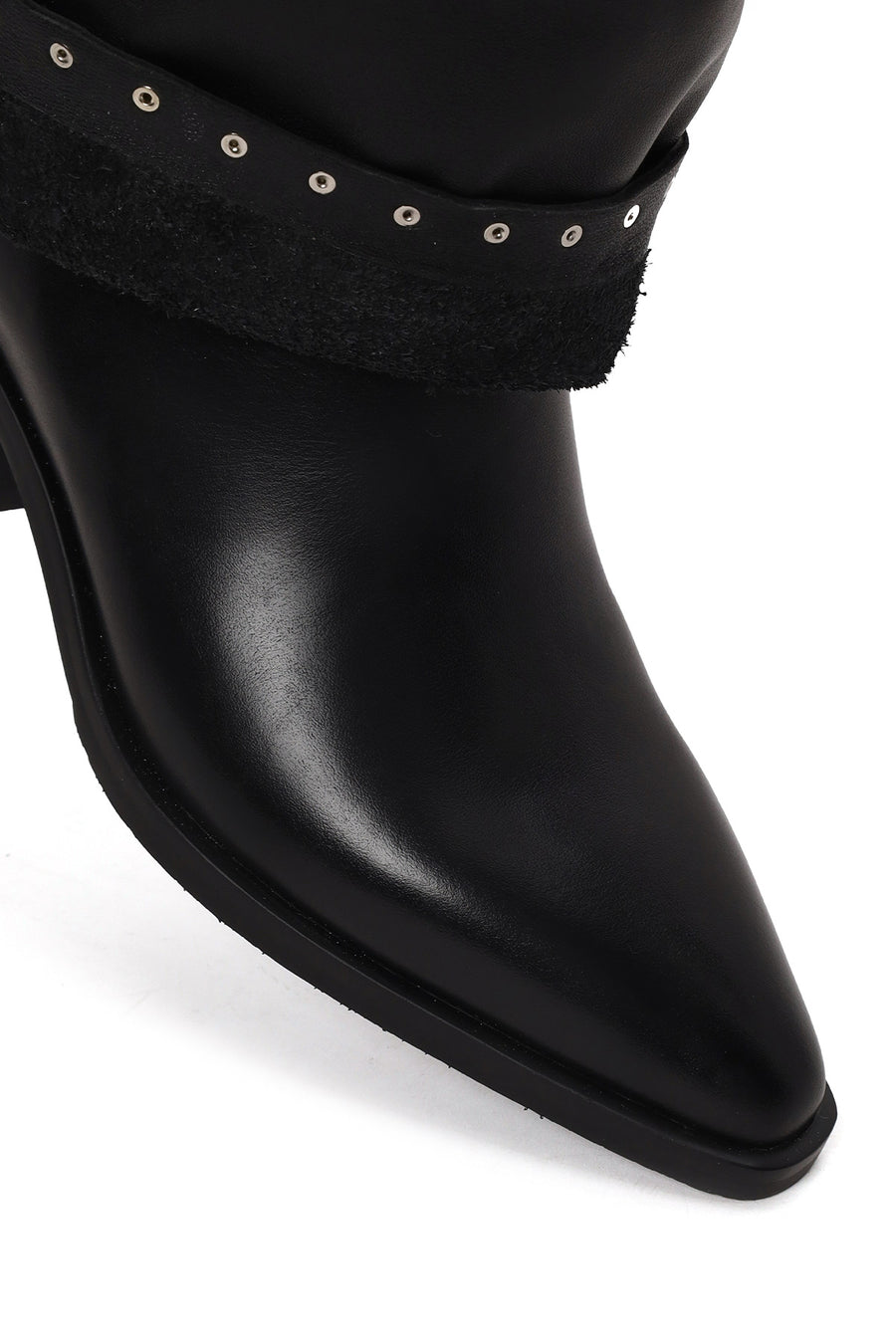 Woman Black Studded Chunky-Heeled Leather Cowboy Boots