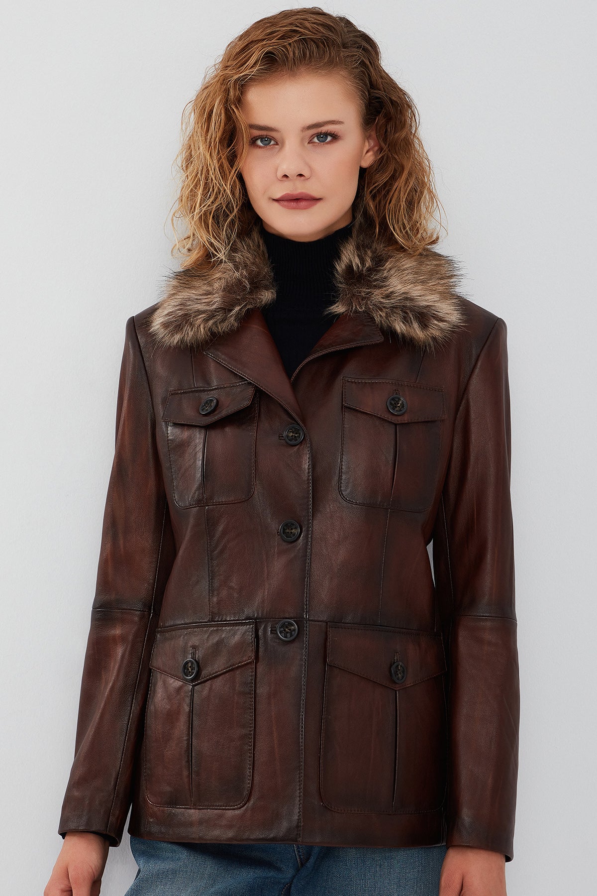 Anastasia Kadın Kahverengi Yakası Kürklü Blazer Deri Ceket