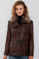 Anais Women's Brown Fur Collar Blazer Leather Jacket | Derimod