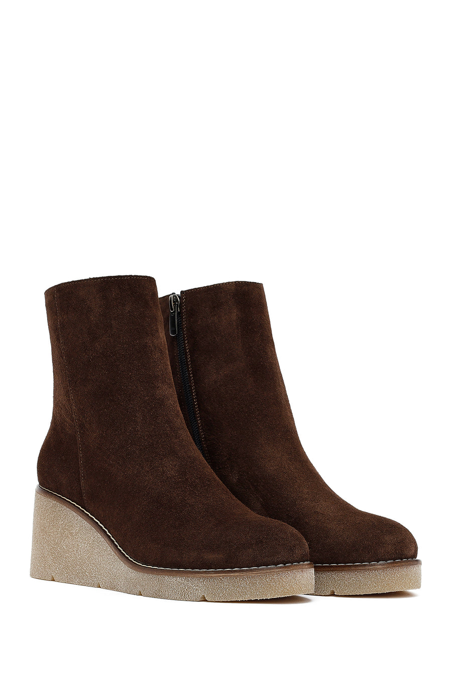 Woman Brown Zippered Wedge Heel Suede Leather Boat