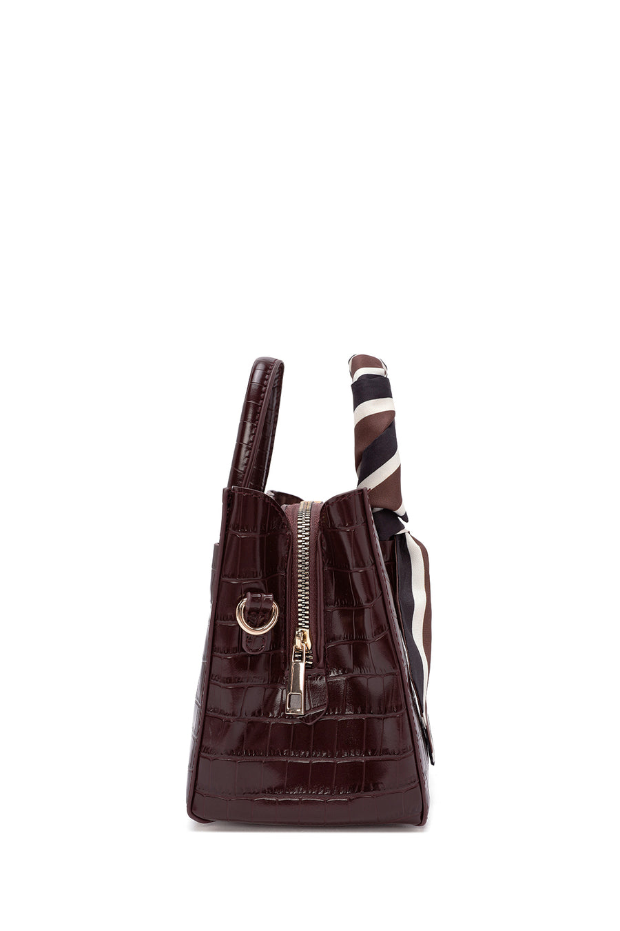 Women's Burgundy Accessory Detailed Long Strap Crocodile Patterned Handbag