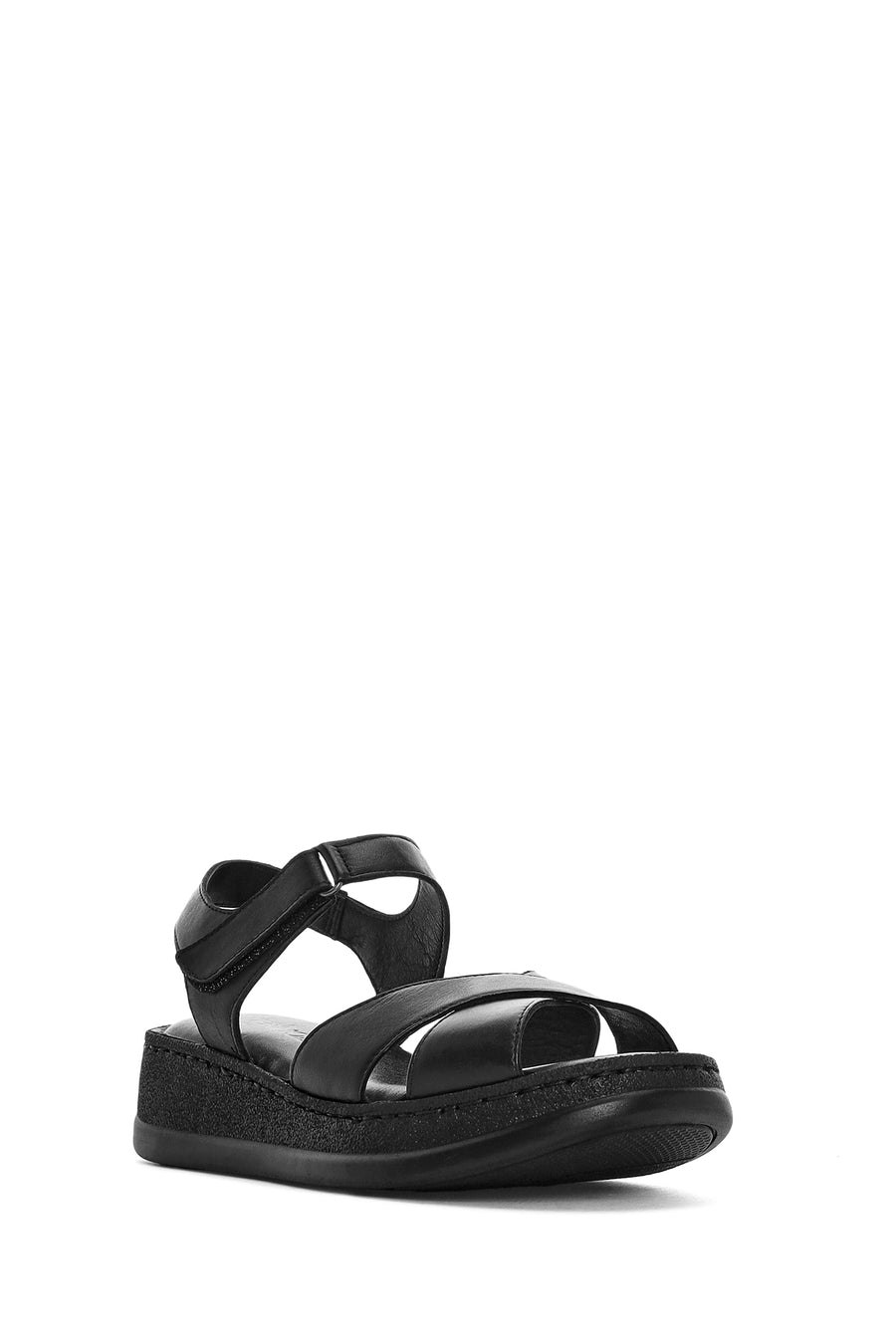 Women's Black Ankle Strap Chunky Sole Leather Comfort Sandals