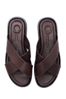 Men's Brown Leather Slippers with Knit Detail | Derimod
