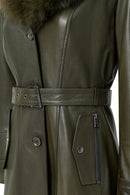 Rhoda Women's Khaki Collar Fur Belt Detailed Leather Coat | Derimod